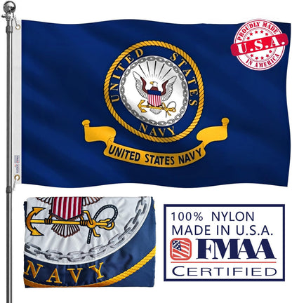 United States Navy flag with FMAA certification label on a white background
