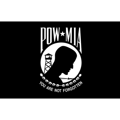 POW/MIA flag with silhouette of a prison tower and chain-link fence on a black background