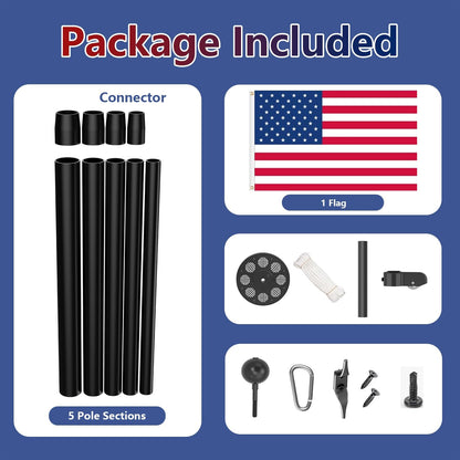 Package included items for a flagpole system on a blue background