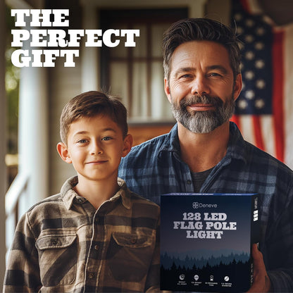 Man and child holding a Deneve 128 LED Flag Pole Light box with text 'The Perfect Gift'.