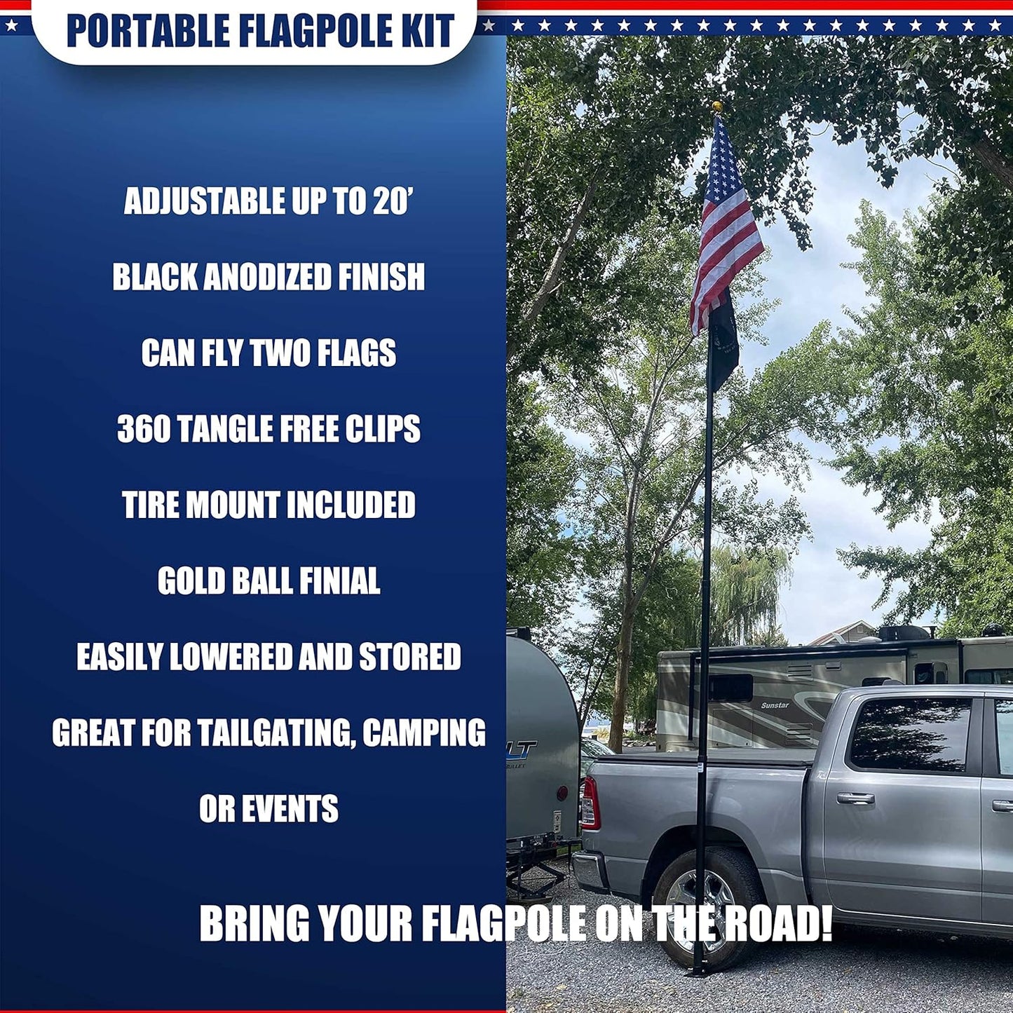 20FT Portable Tailgate Flag Pole Kit – Black Aluminum Flagpole with Stainless Steel Mount, Anti-Wrap Rings & Protective Foam Pad