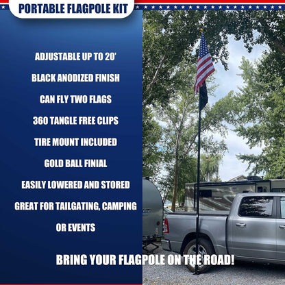 20FT Portable Tailgate Flag Pole Kit – Black Aluminum Flagpole with Stainless Steel Mount, Anti-Wrap Rings & Protective Foam Pad