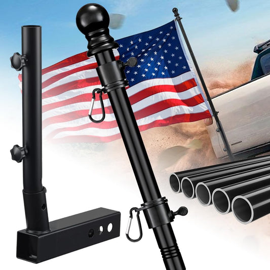 Black flagpole with American flag against a blurred outdoor background