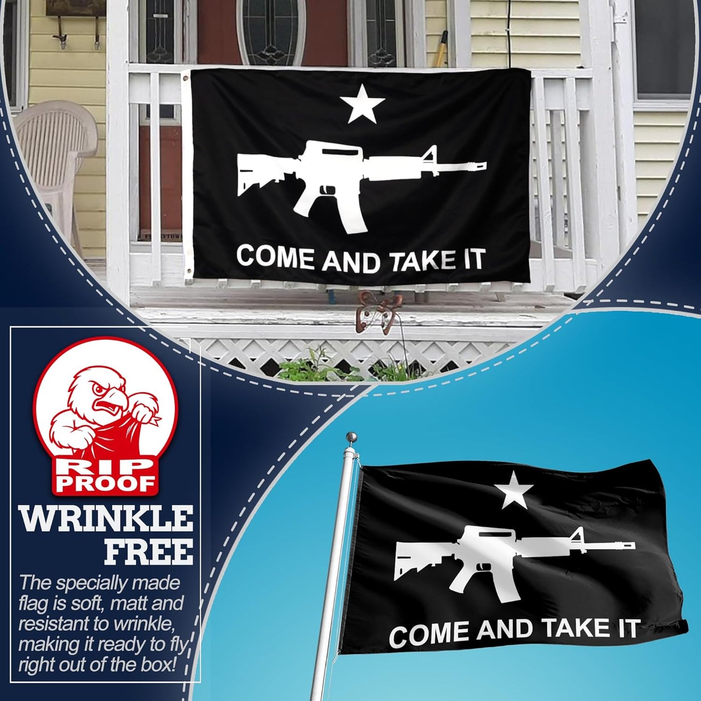 Flag with gun design and 'Come and Take It' text on a porch background, with Rip Proof branding.