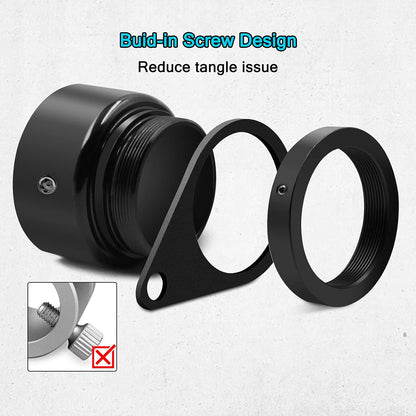 Black metal component with screw design on a white background