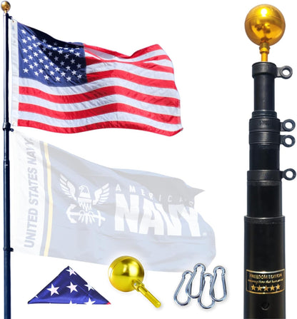 Flagpole with American flag, Navy flag, and accessories on a white background