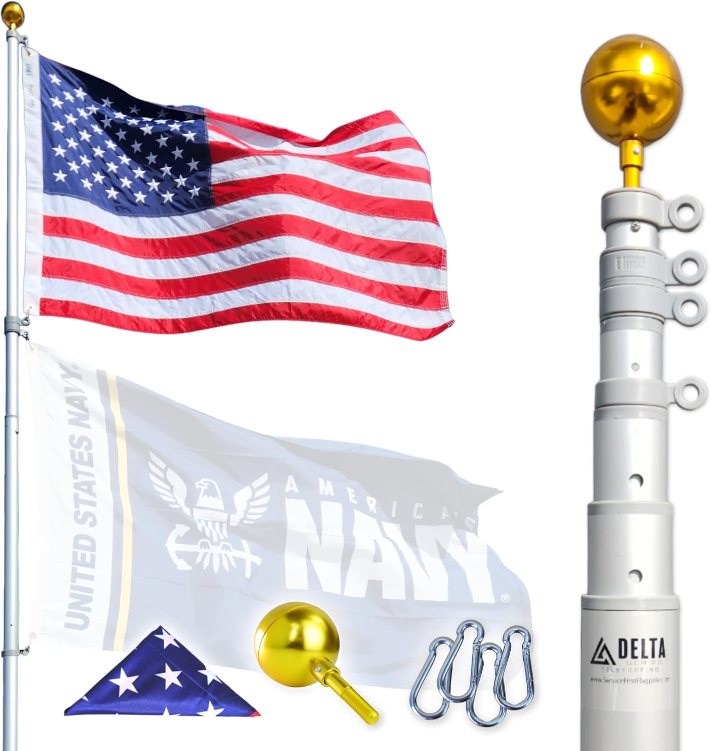 Service First 25FT Black Telescoping Flagpole Kit – Official U.S. Army Licensed – Includes 3x5 American Flag – Made in USA – 100MPH Wind Rated