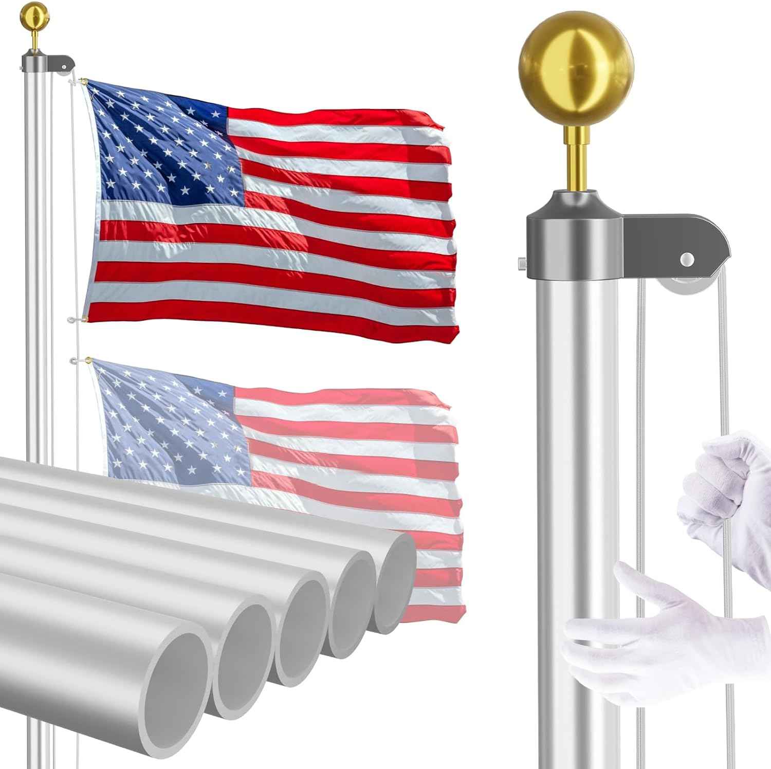 14 Gauge Flag Pole for Outside In Ground - 20 FT Heavy Duty Flagpole Kit for Yard - Extra Thick Outdoor Flag Poles with 3x5