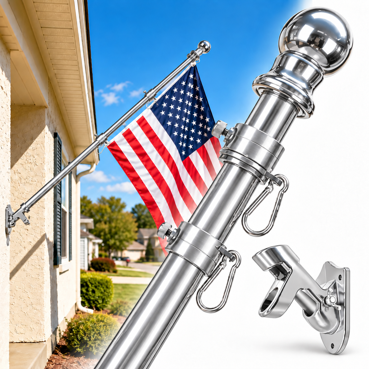 Wall Mount Flag Holder 6Ft Retractable Outdoor Flagpole Kit with Bracket Base
