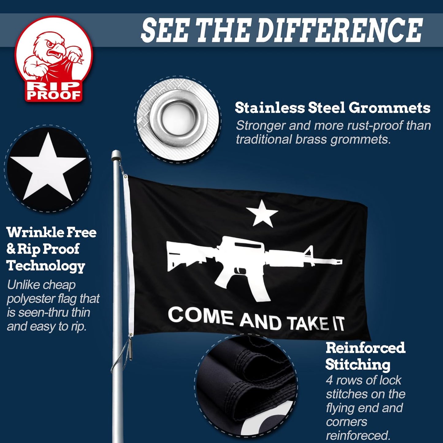 Black flag with white graphics and text on a blue background, featuring Rip Proof branding.