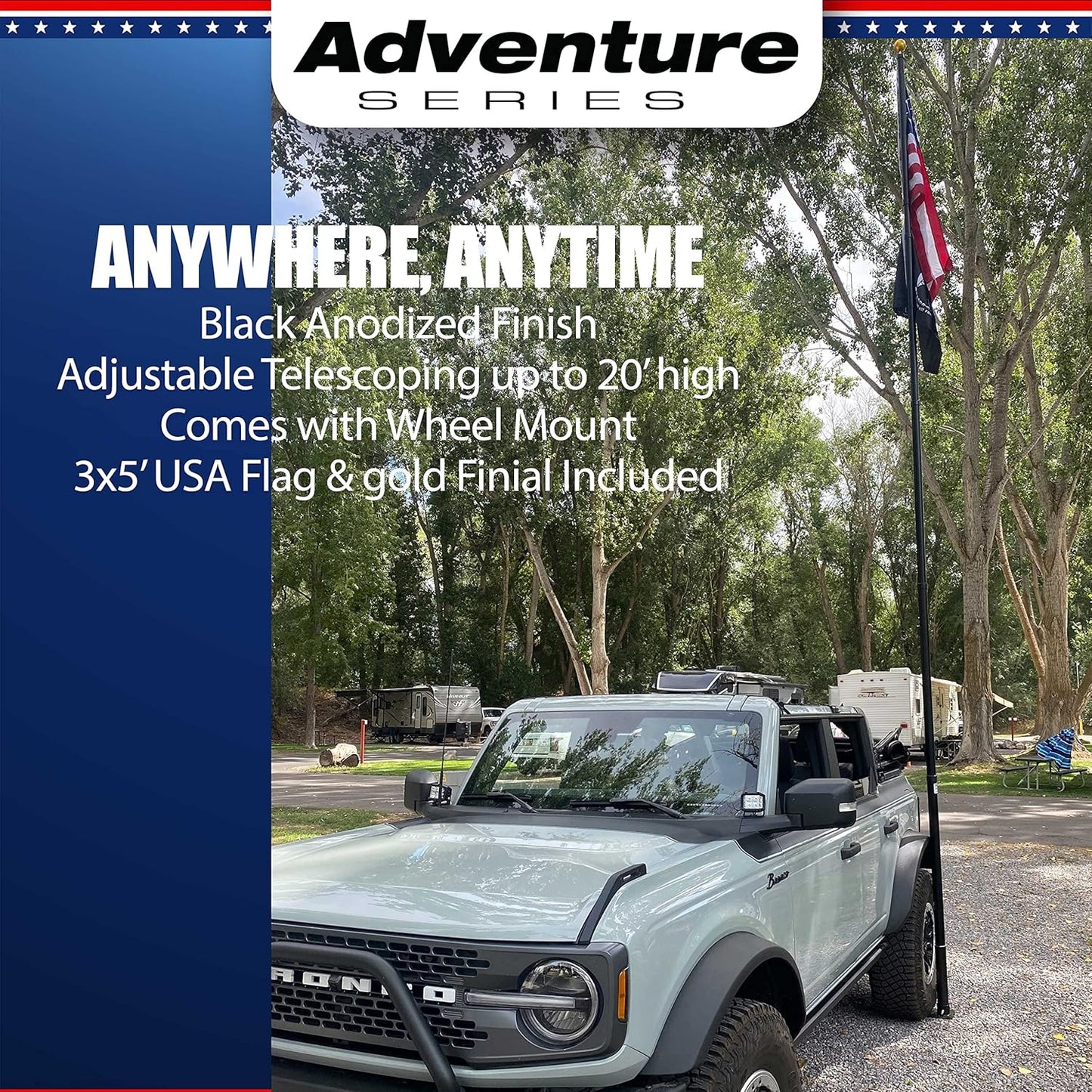 20FT Portable Tailgate Flag Pole Kit – Black Aluminum Flagpole with Stainless Steel Mount, Anti-Wrap Rings & Protective Foam Pad