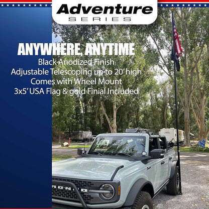 20FT Portable Tailgate Flag Pole Kit – Black Aluminum Flagpole with Stainless Steel Mount, Anti-Wrap Rings & Protective Foam Pad