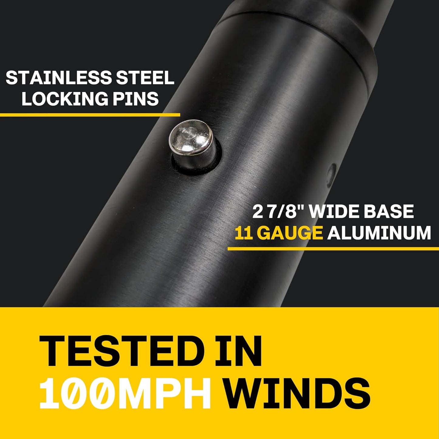Close-up of a metal product with text highlighting features like stainless steel locking pins and 11 gauge aluminum.