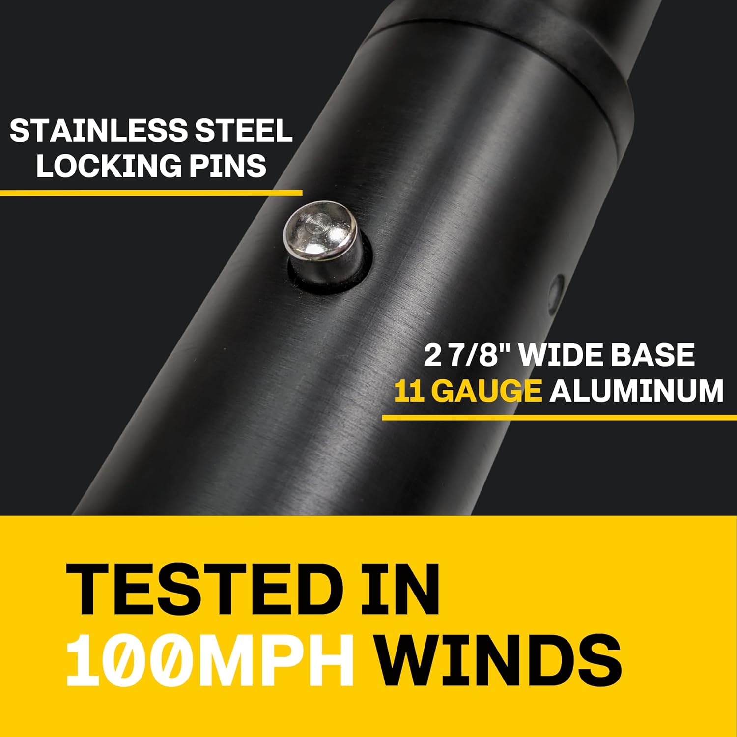 Close-up of a metal product with text highlighting features like stainless steel locking pins and 11 gauge aluminum.