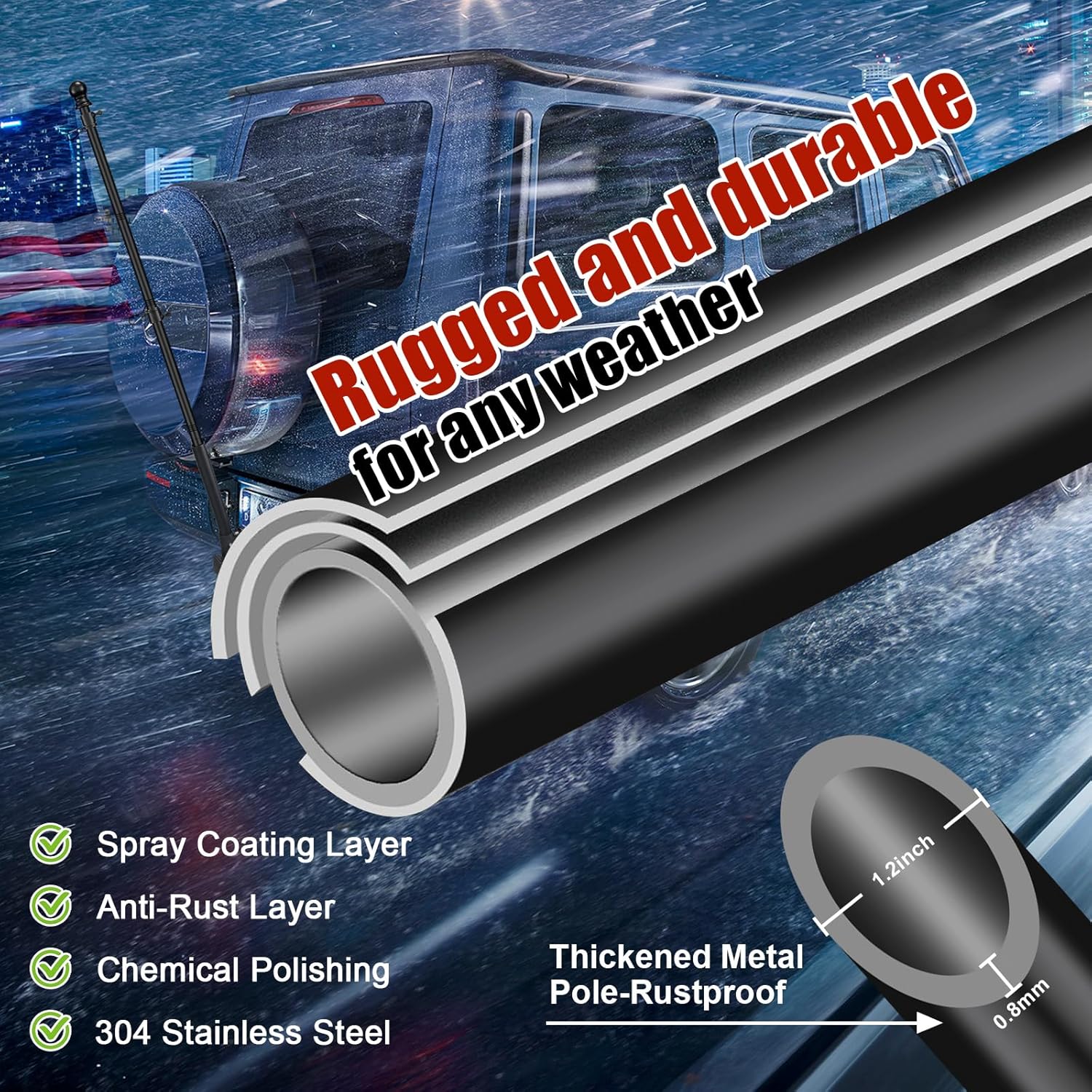 A promotional graphic for a thick black metal pole, showing a close-up of the pole's layered cross-section and interior thickness. The background depicts a vehicle in rain with text overlays highlighting features like 'Rugged and durable for anyweather,' 'Anti-Rust Layer,' '304 Stainless Steel,' and dimensions of 1.