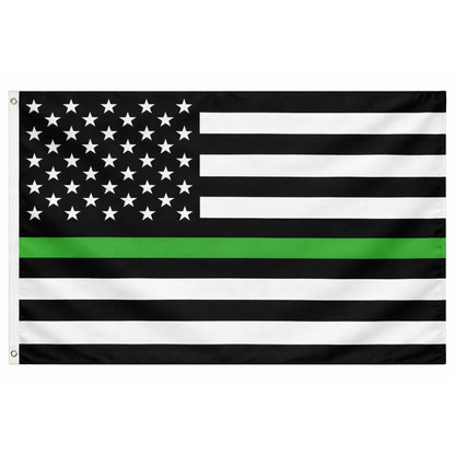American flag with a thin green line on a white background