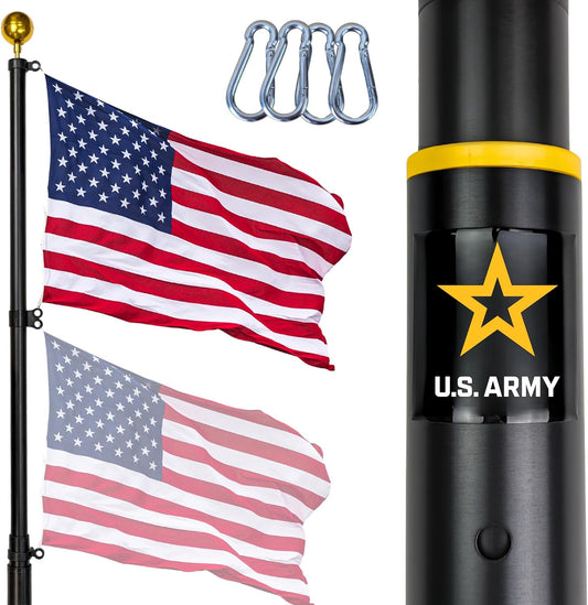 Black flagpole with U.S. Army logo, American flags, and carabiners on a white background