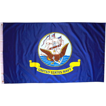 United States Navy flag with emblem and text on a blue background