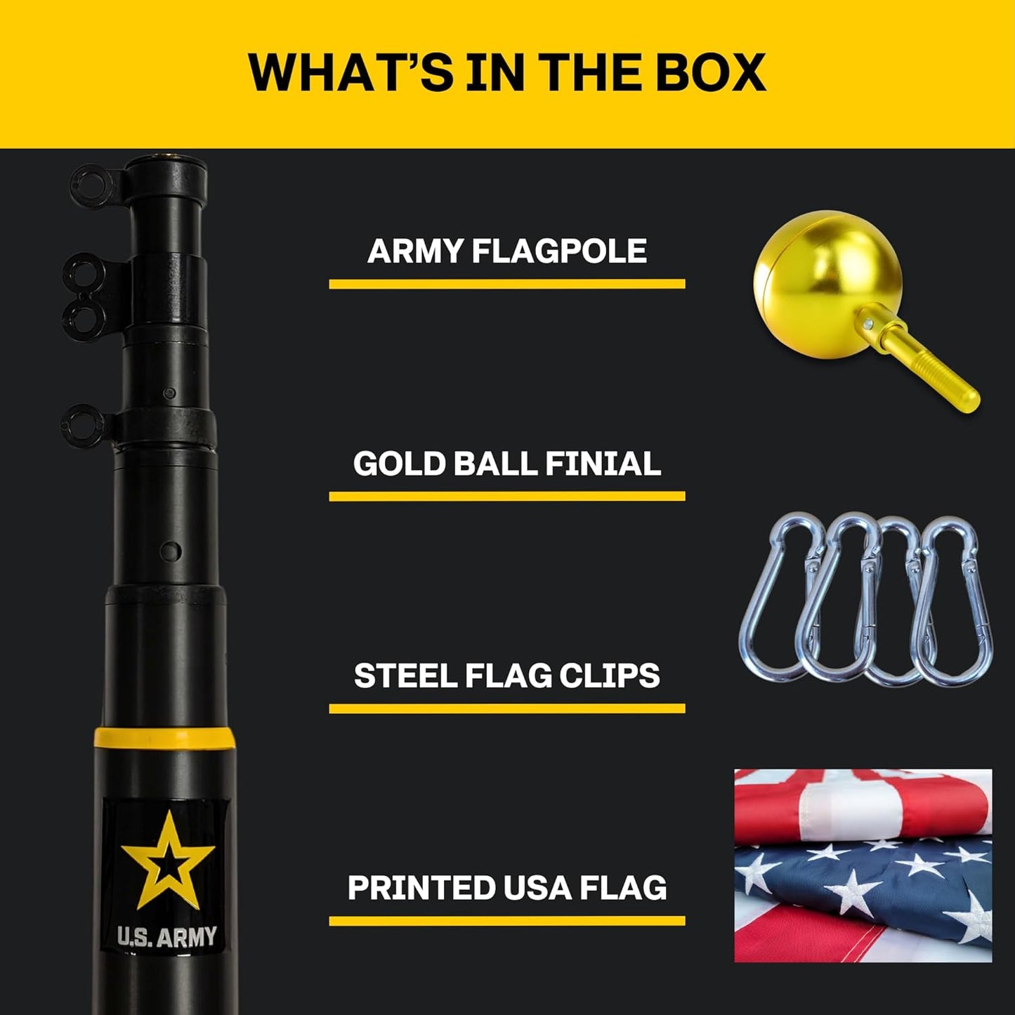 Army flagpole set with gold ball finial, steel clips, and printed USA flag on a black background.