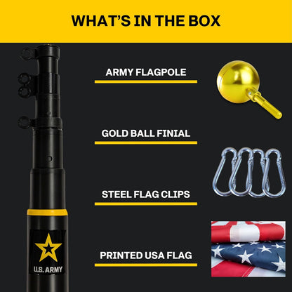 Army flagpole set with gold ball finial, steel clips, and printed USA flag on a black background.