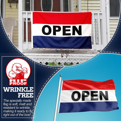 Open flag with a visible brand logo on a blue background
