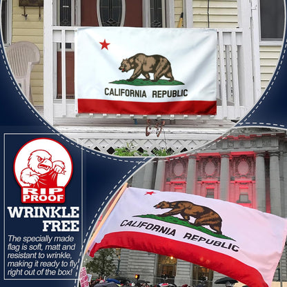 California Republic flag displayed on a porch with 'Rip Proof' branding.