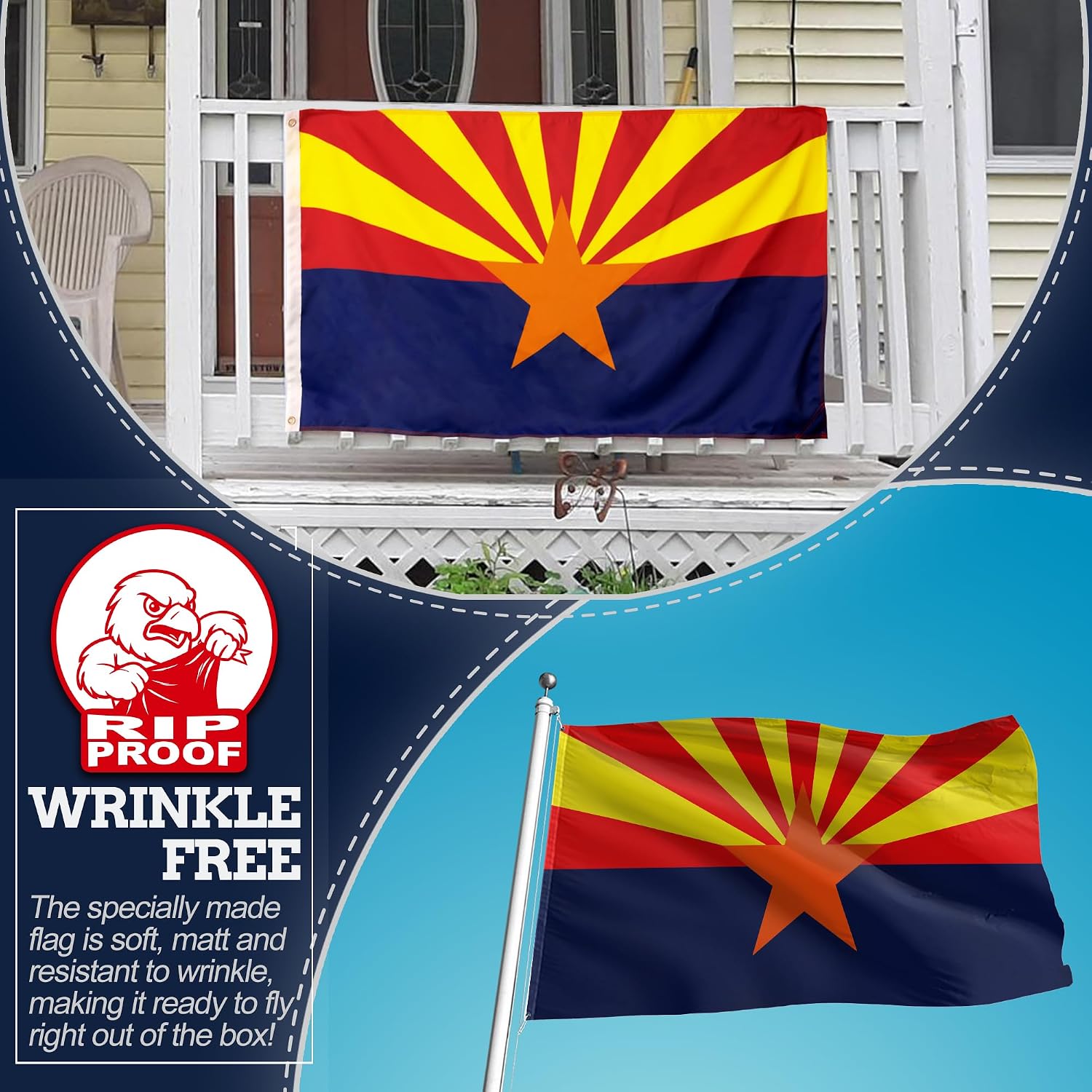 Arizona state flag shown hanging on a front porch and also on a flagpole against a blue sky, with a promotional inset showing the flag packaging and 'WRINKLE FREE' text.