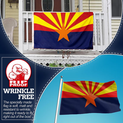 Arizona state flag shown hanging on a front porch and also on a flagpole against a blue sky, with a promotional inset showing the flag packaging and 'WRINKLE FREE' text.
