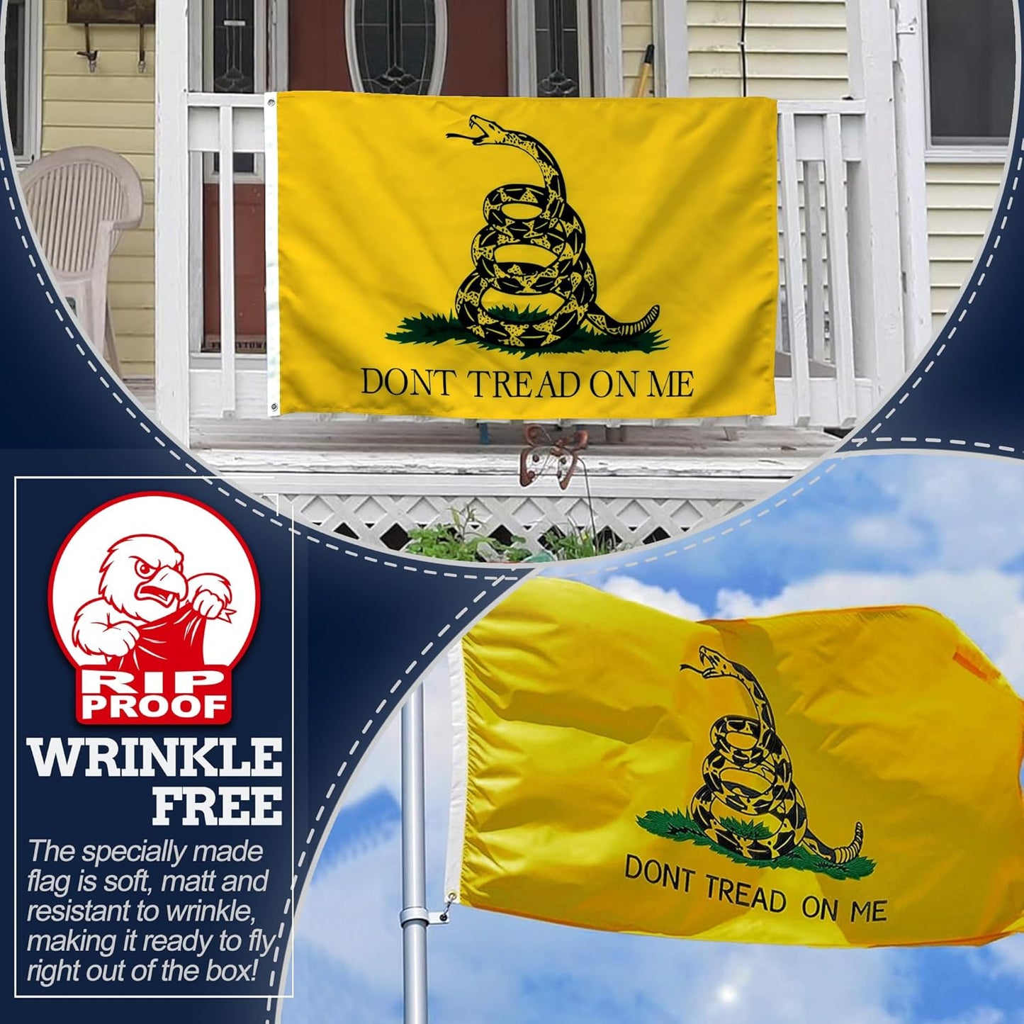 Yellow 'Don't Tread on Me' flag with a Gadsden snake design, displayed outdoors.