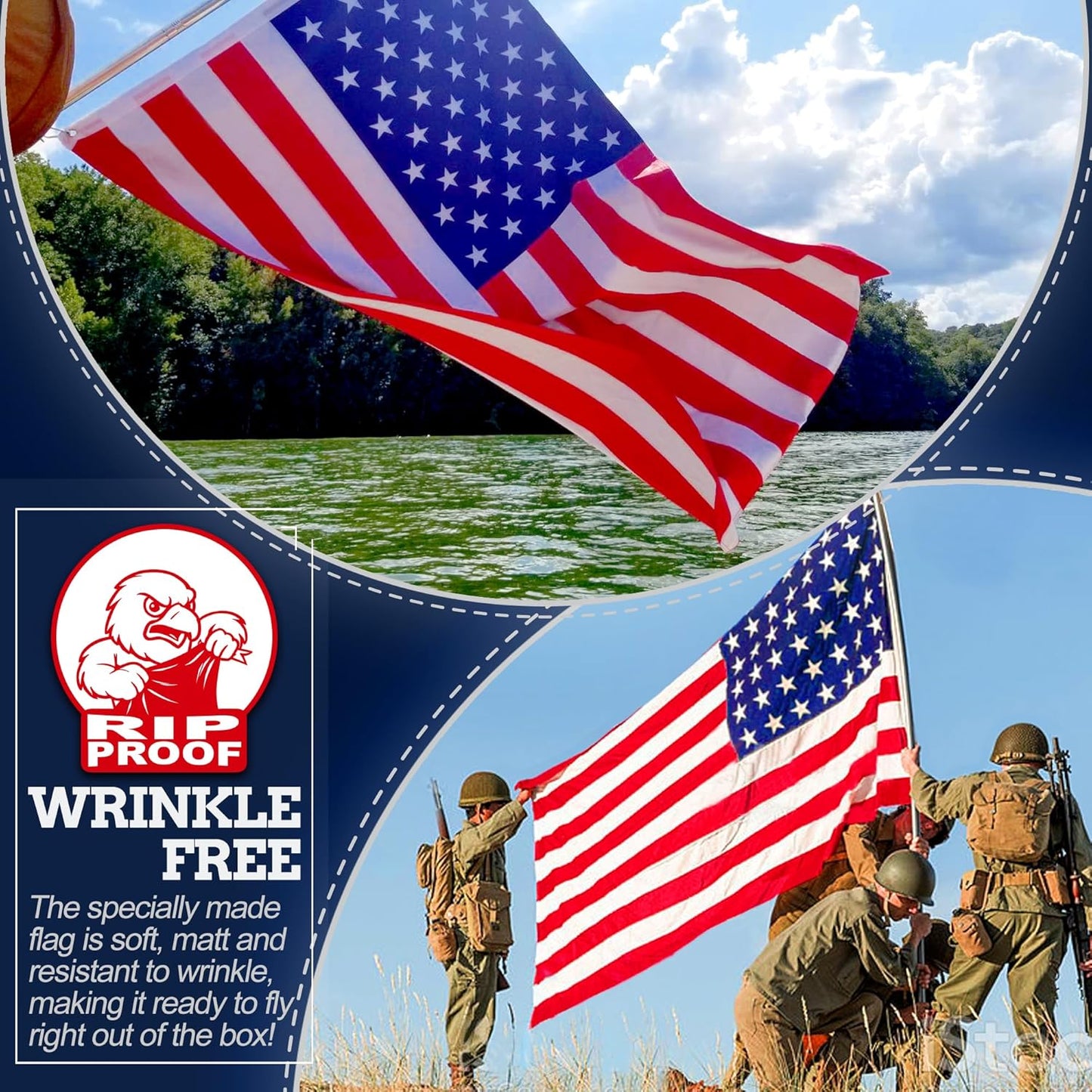 Soldiers holding American flags with a Wrinkle Free flag advertisement overlay.