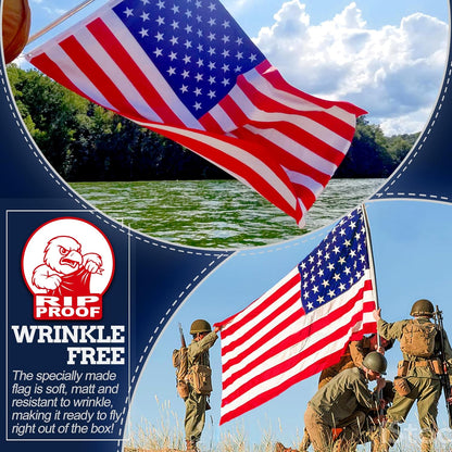 Soldiers holding American flags with a Wrinkle Free flag advertisement overlay.