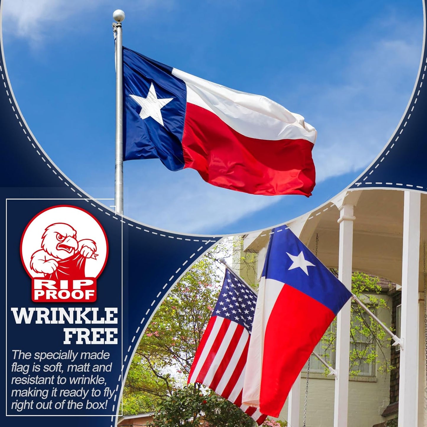 Texas and American flags flying outdoors with a Wrinkle Free flag packaging overlay.