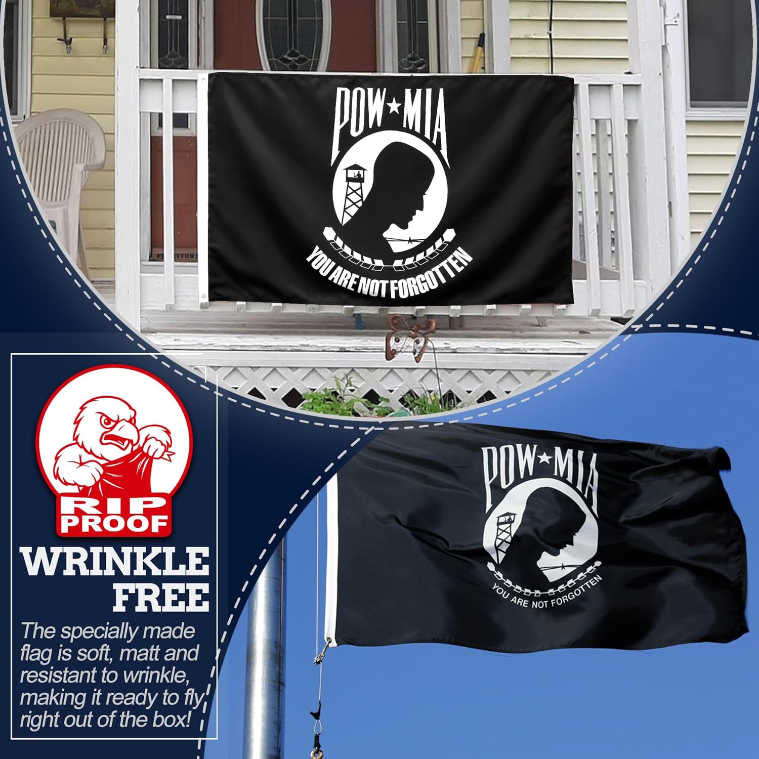 POW*MIA flag displayed on a porch with 'Fiber Proof' branding and text.