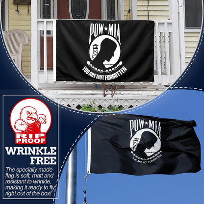 POW*MIA flag displayed on a porch with 'Fiber Proof' branding and text.
