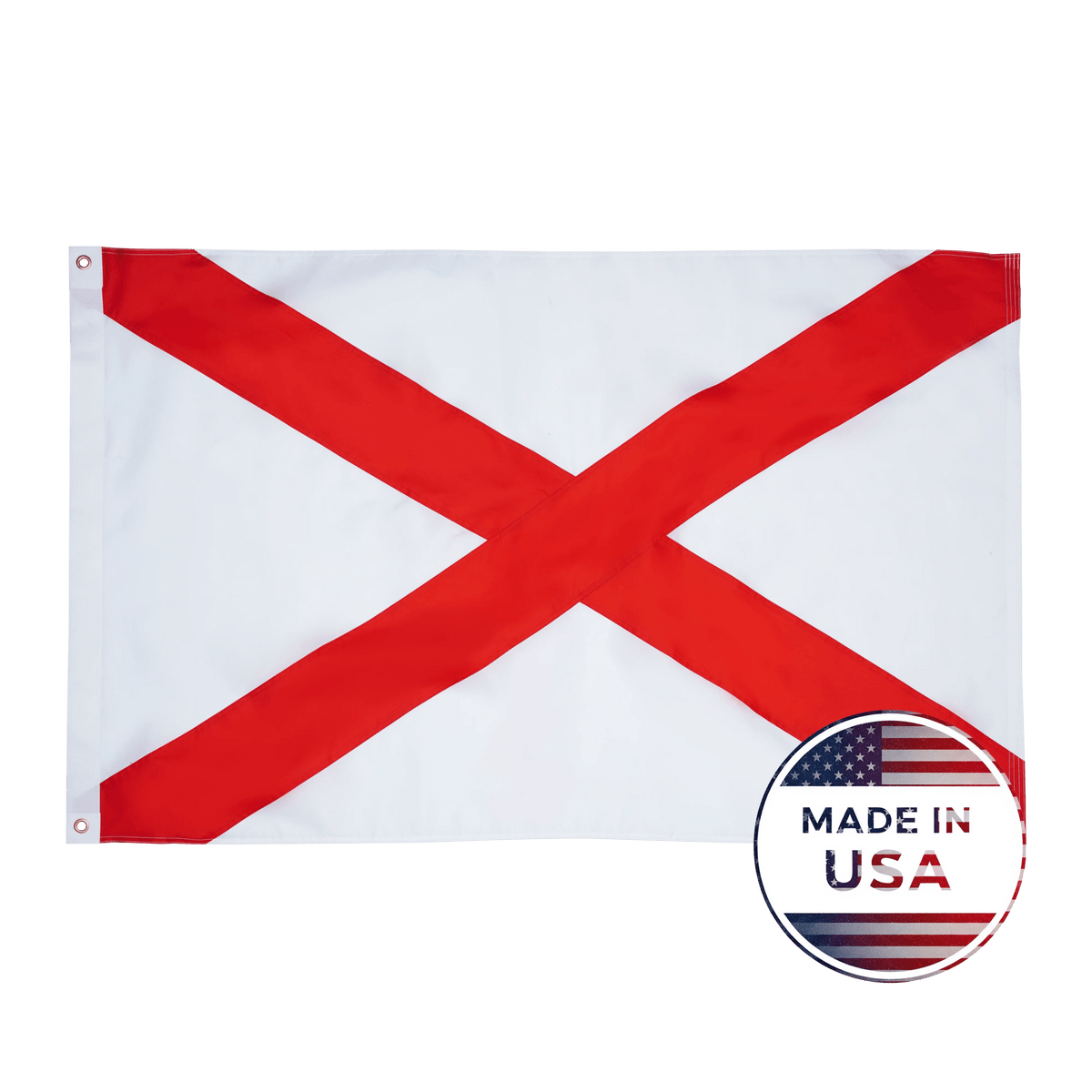 Flag with red cross on white background and 'Made in USA' badge