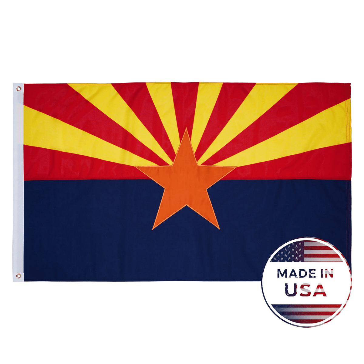Arizona state flag with red and yellow rays, an orange star, and a dark blue lower section, shown on a white background with a circular 'Made in USA' badge in the lower right corner.