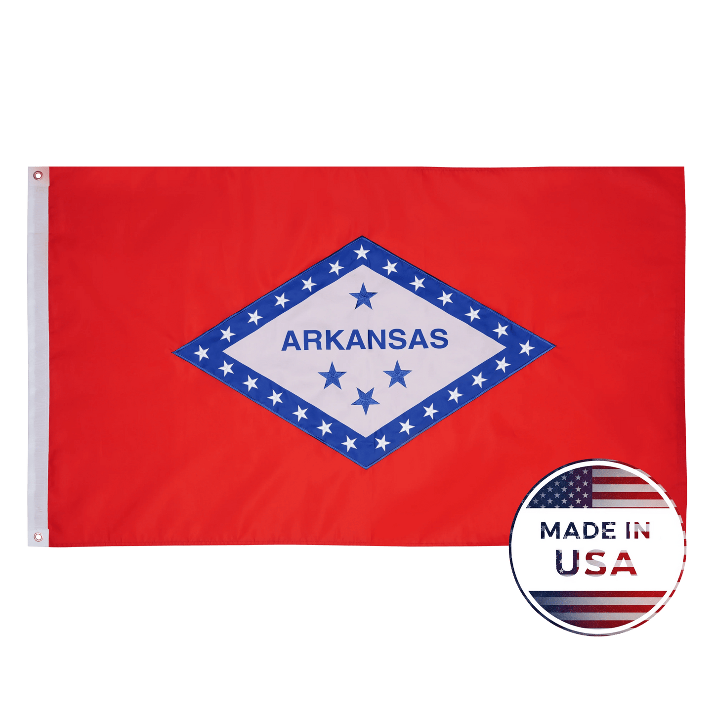 Arkansas state flag with 'Made in USA' label on a green background
