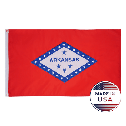 Arkansas state flag with 'Made in USA' label on a green background