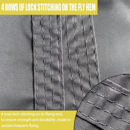 Close-up of lock stitching on a fly hem with text highlighting durability.