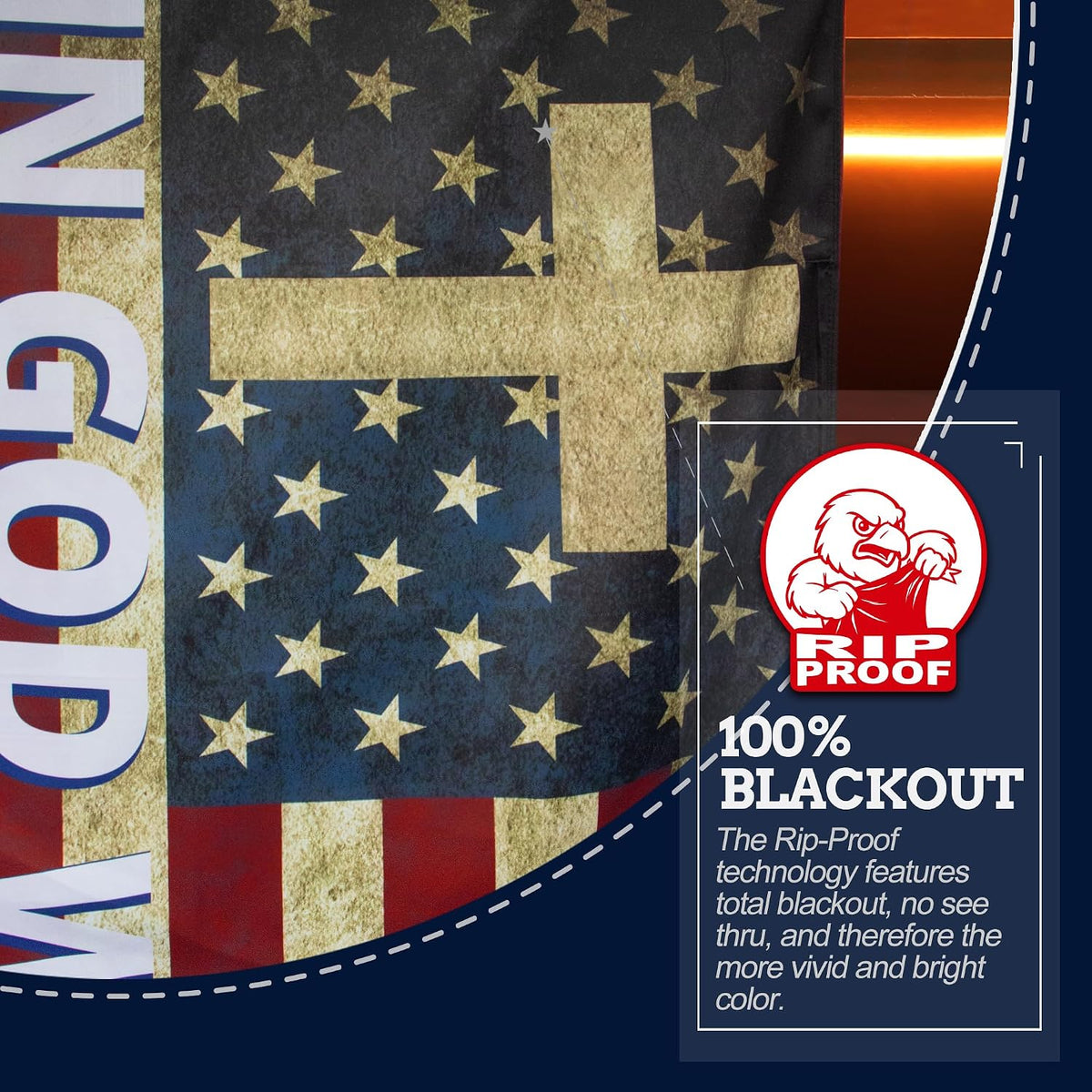 A close-up promotional graphic for a blackout flag featuring a distressed American flag design with a large cross on the right side. Text on the right reads '100% BLACKOUT' and includes the Rip-Proof logo, while the left edge shows part of a red, white, and blue flag with large white lettering.