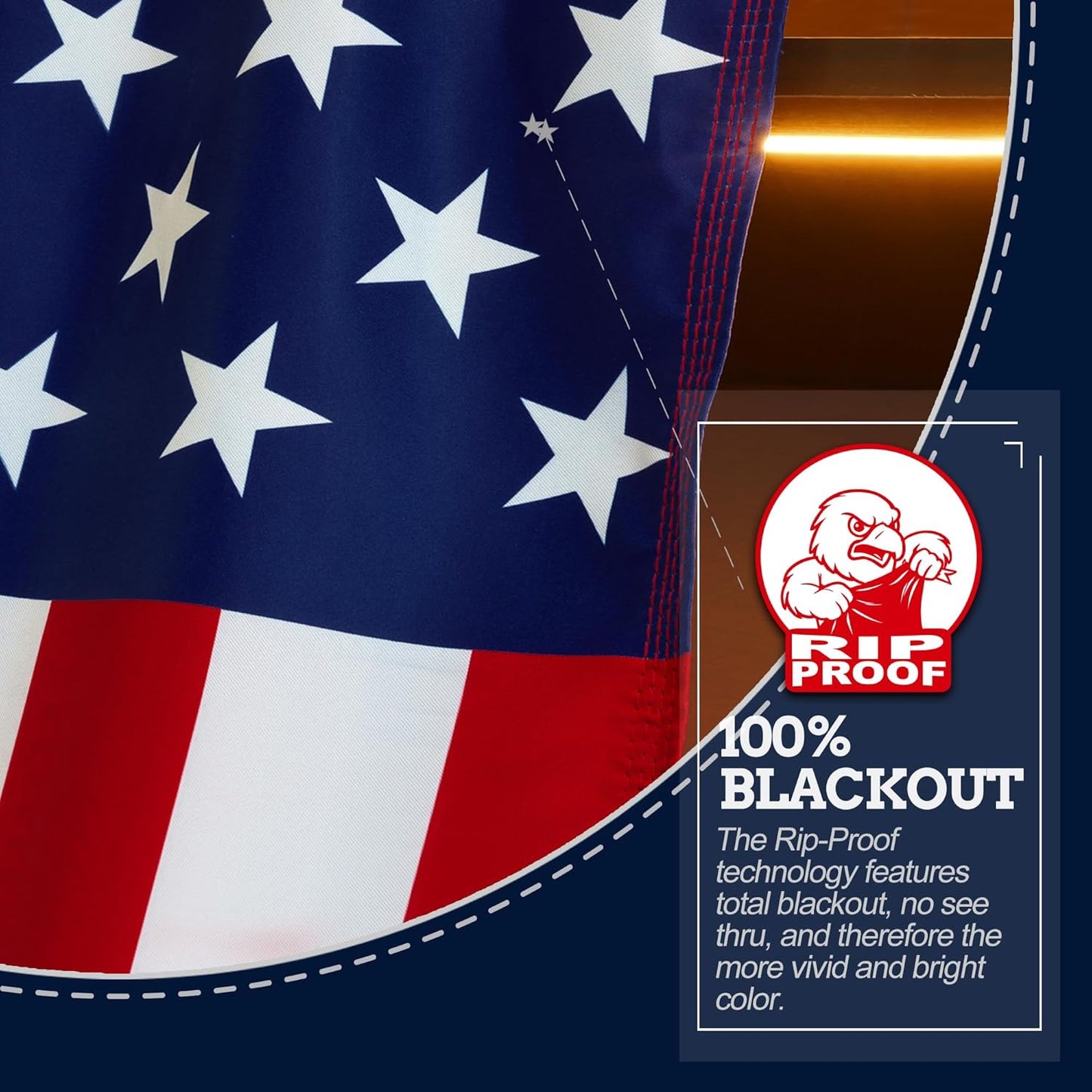American flag with Rip Proof blackout technology label