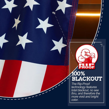 American flag with Rip Proof blackout technology label