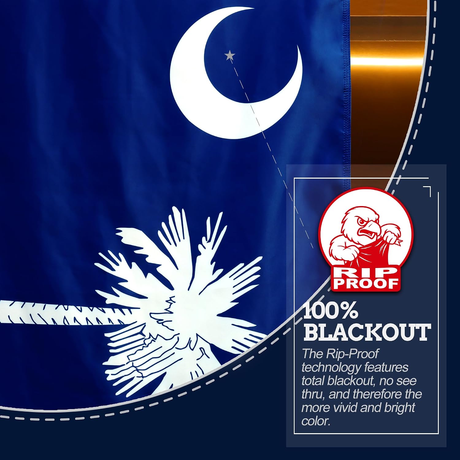 A close-up of a dark blue flag with a white crescent moon, a white palm tree, and a white star, shown with a curved seam effect and a text panel that reads '100% BLACKOUT' and 'RIP PROOF' with a red-and-white eagle logo.