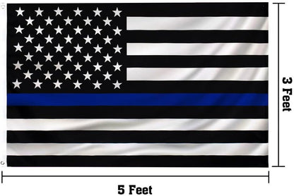 American flag with a thin blue line and dimensions displayed