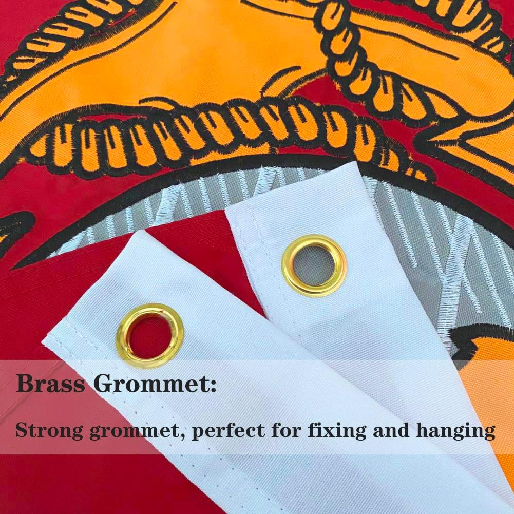 Close-up of a white canvas grommet strip with a brass grommet, overlaid with text reading 'Brass Grommet: Strong grommet, perfect for fixing and hanging,' against a colorful patterned background.