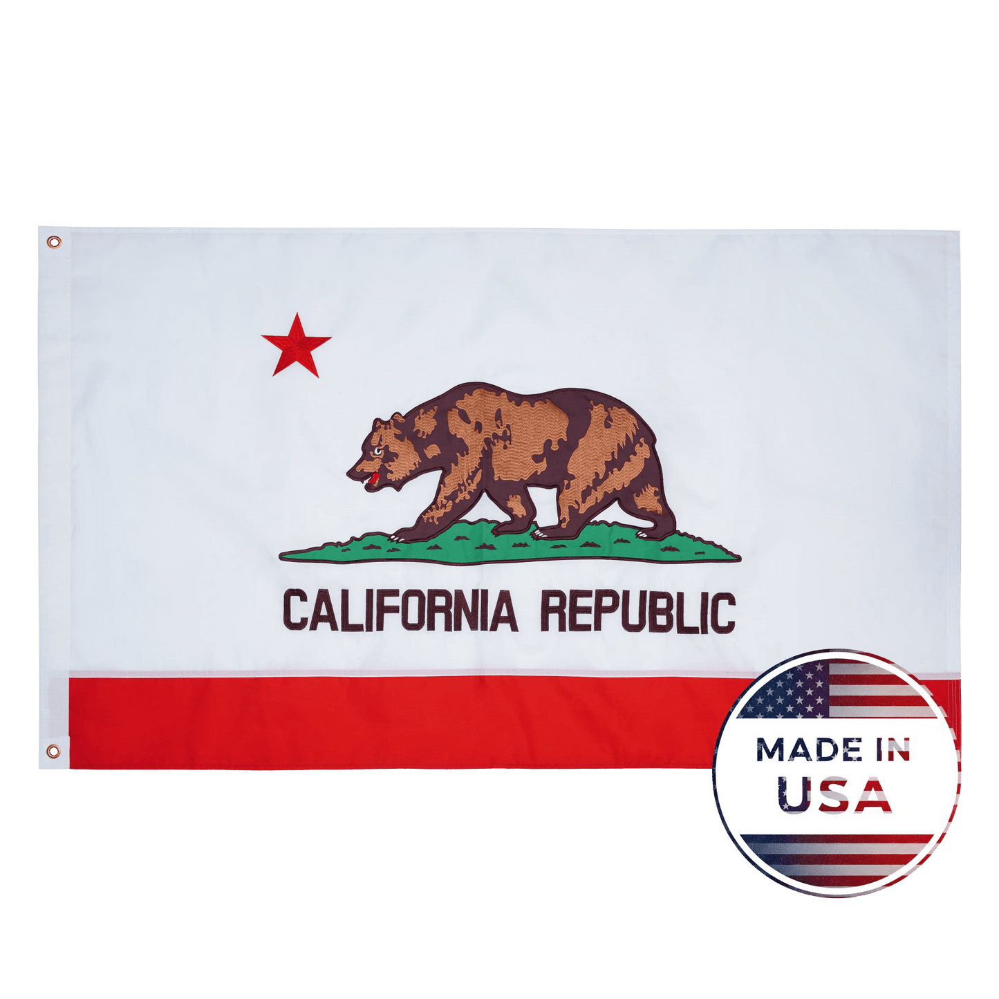 California Republic flag with a bear and star design on a white background, featuring a 'Made in USA' badge.