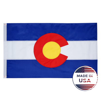 Colorado state flag with a 'Made in USA' badge on a green background