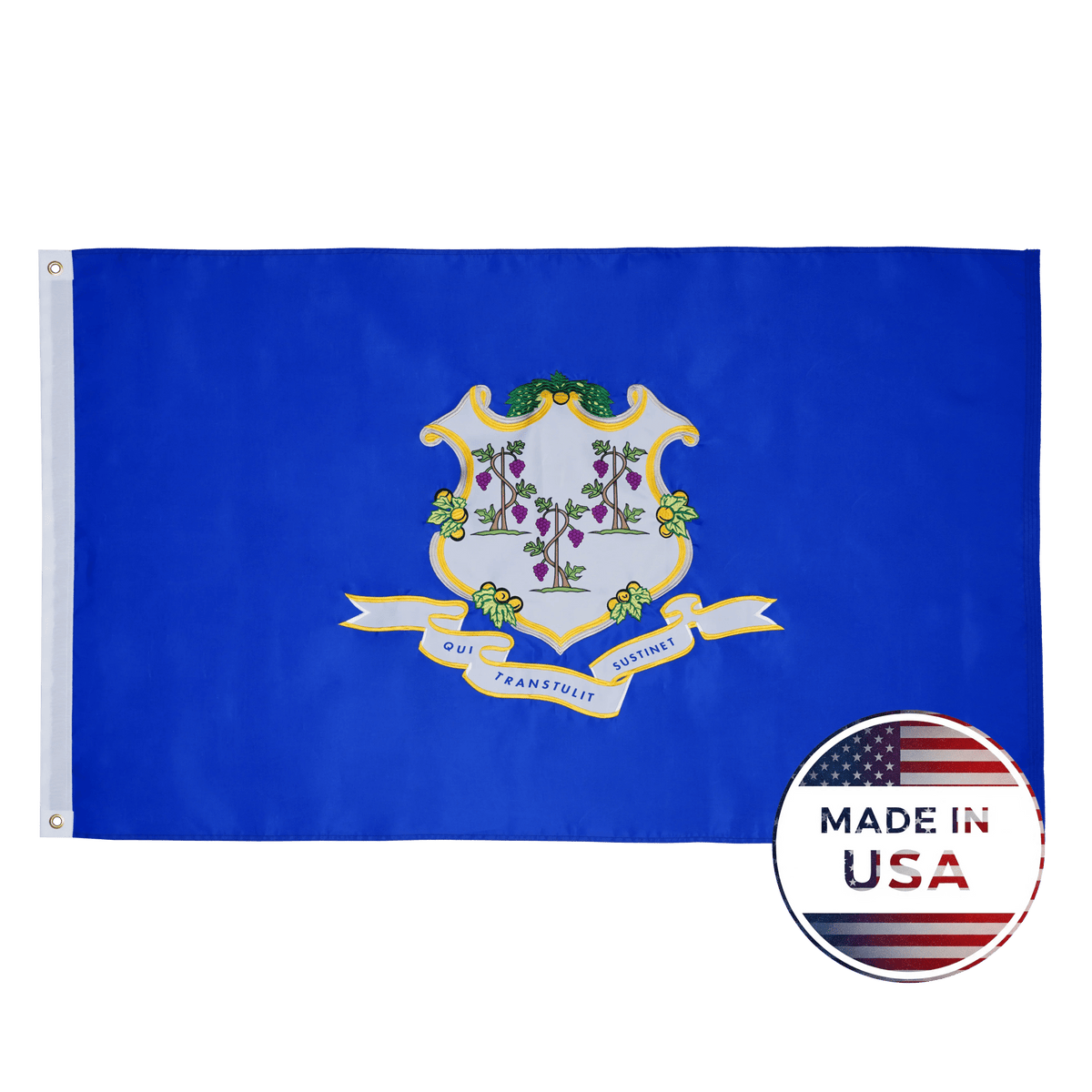 Massachusetts state flag on a white background with a circular 'MADE IN USA' badge in the lower right corner.