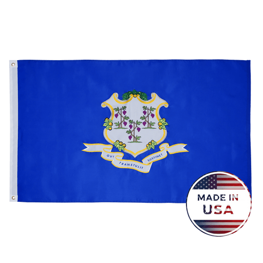Massachusetts state flag on a white background with a circular 'MADE IN USA' badge in the lower right corner.