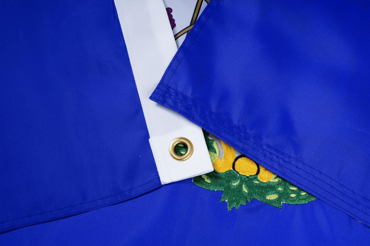 Close-up of a blue fabric with a green and yellow design, possibly a flag or banner.